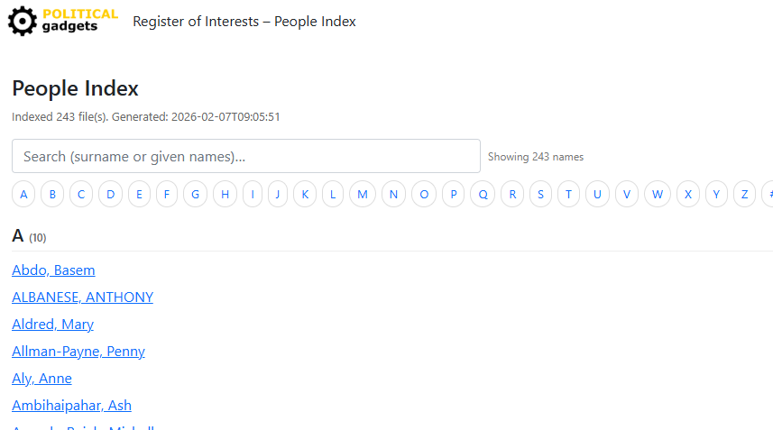 Individual politician interests list screenshot