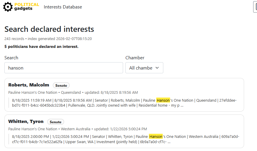 Politicians' declared interests database screenshot