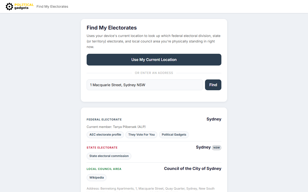 Find My Electorates tool screenshot
